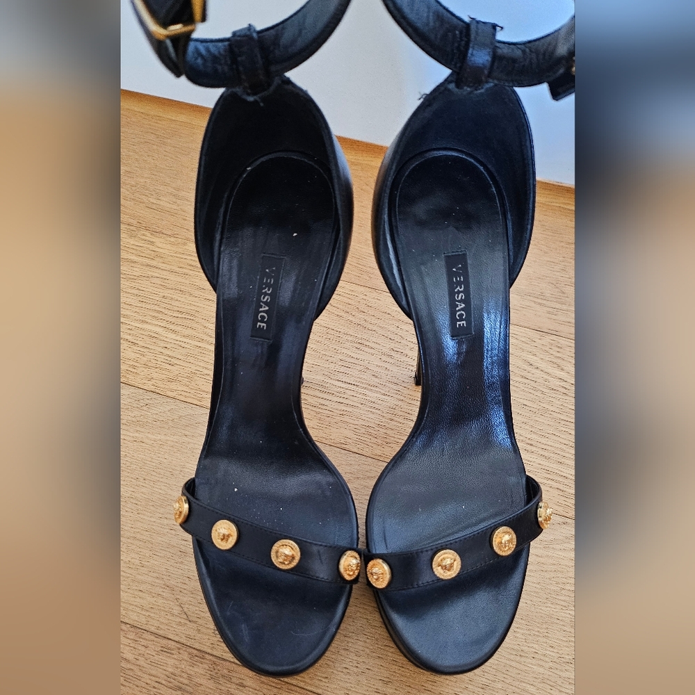 Versace Icon Black Platform Stiletto Ankle Strap Heels Gold Medallion Studs - Picture 5 of 15